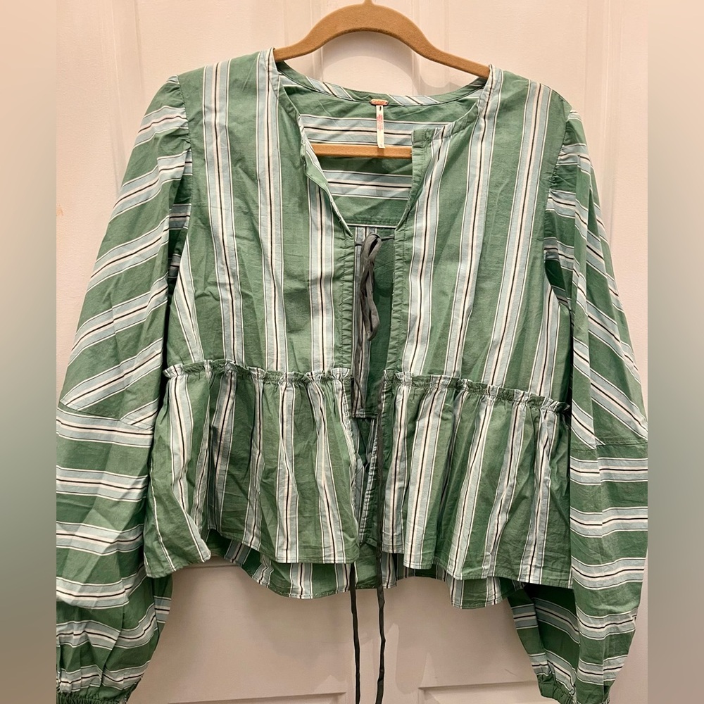 Free People Green Striped Tie Front Top